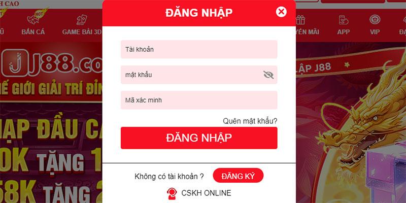 Biểu mẫu điền thông tin đăng nhập game J88